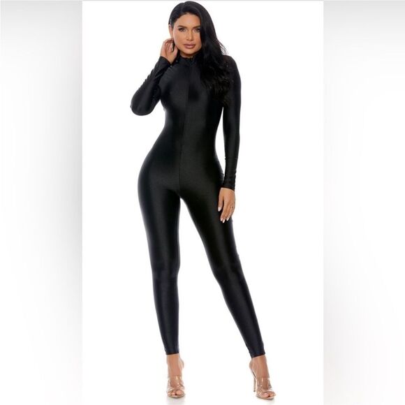 Forplay metallic Mock Neck Jumpsuit M/L black  NWT in packaging - Picture 1 of 6